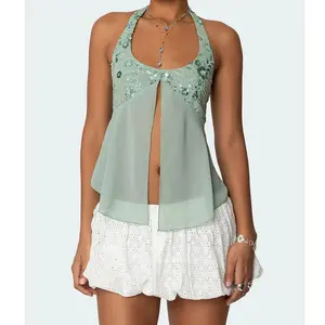 Women y2k Pearl Embellished Sequins Halter Tops Mesh Splicing Sleeveless Backless Split Slim Fit Tops Lady Boho Beach Tanks Tops