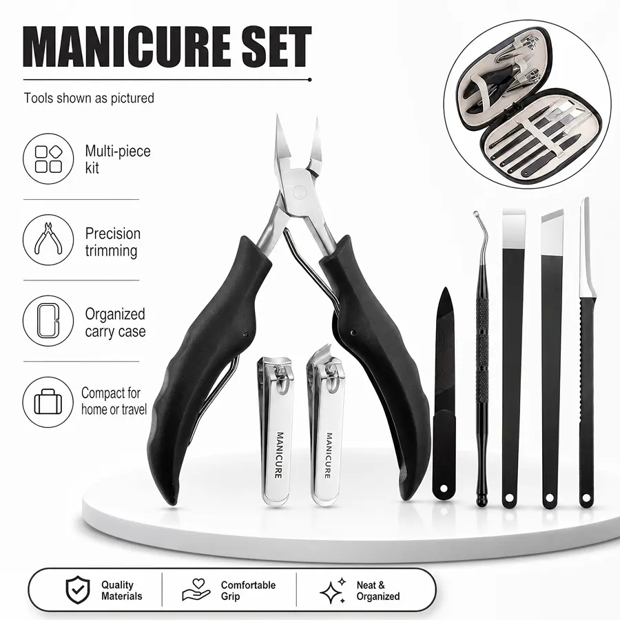 8pcs Stainless Steel Manicure Pedicure Set, Multi-Functional Nail & Foot Care Tools, Carry Case Included, for Ingrown Nails, Thick Toenails, Dead Skin Removal