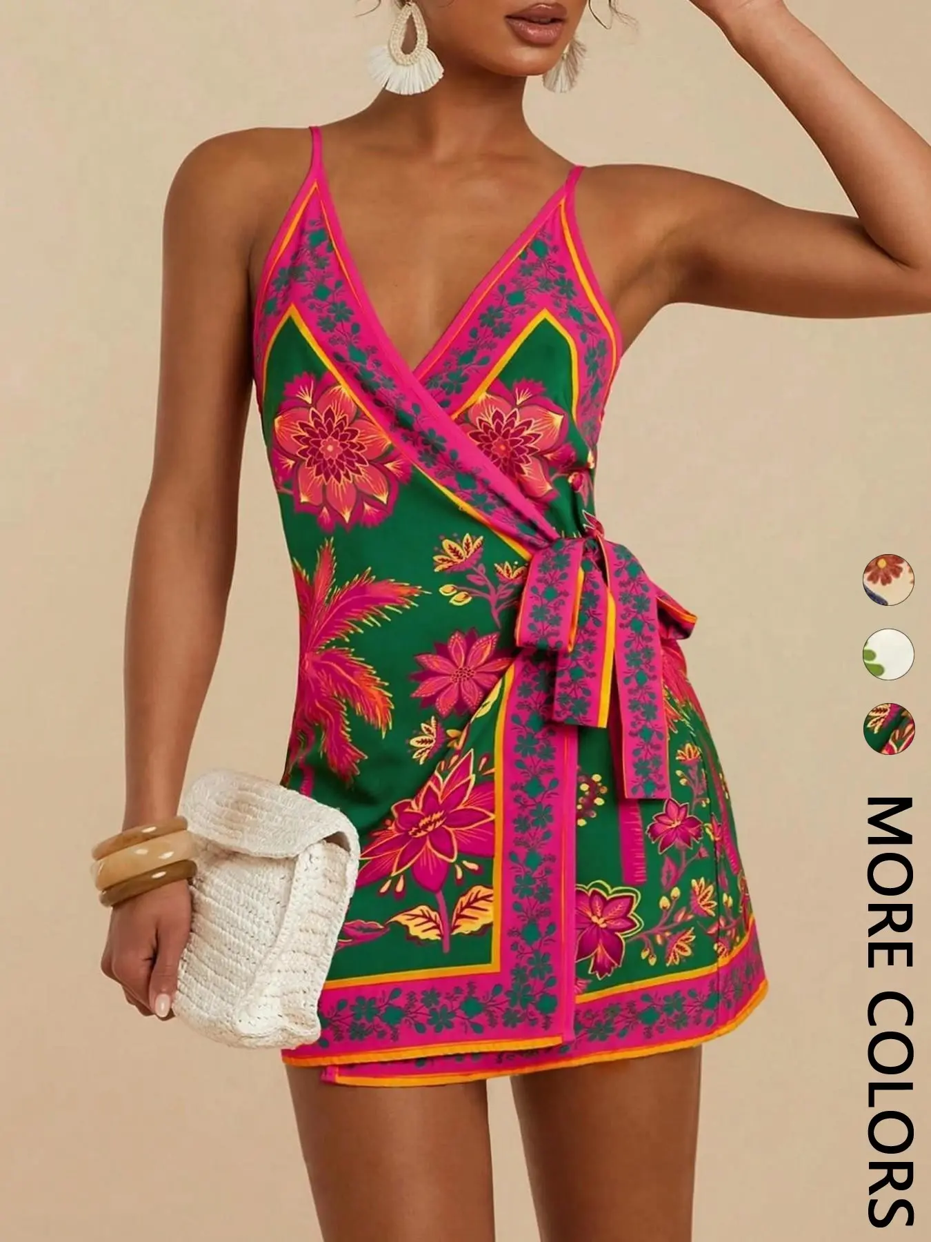 1 Piece Deep V Wrap Tropical Floral Mini Dress for Women, Spaghetti Straps Side Tie, Breathable Adjustable, Boho Casual Summer Vacation Style