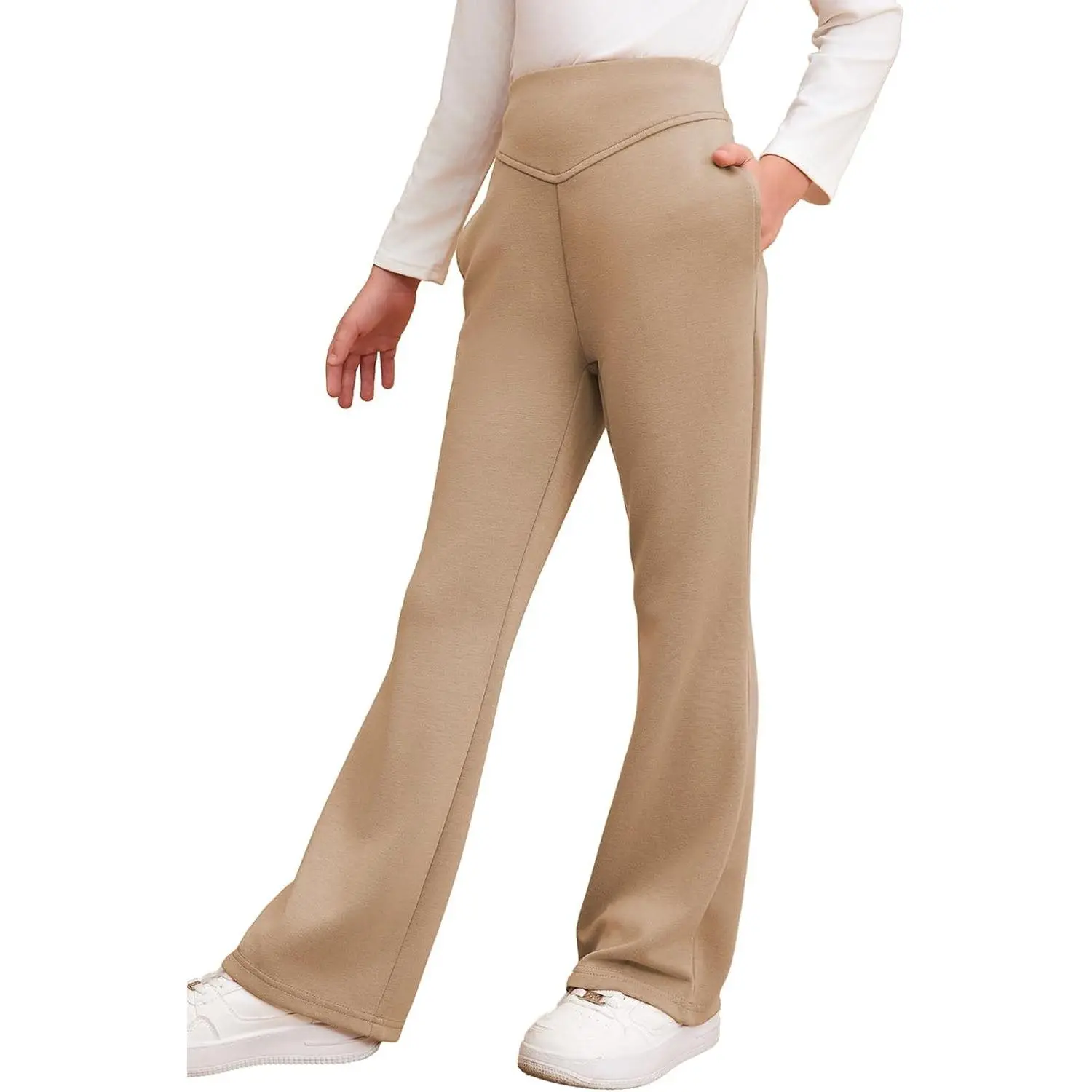 Girls Dressy Bell Bottom School Uniform Pants Size 6-15 Years | Kids Fashion Dress Pants, Elastic High Waist, Wide Leg, Pockets, Stretchy Breathable Soft, Casual FormalGift