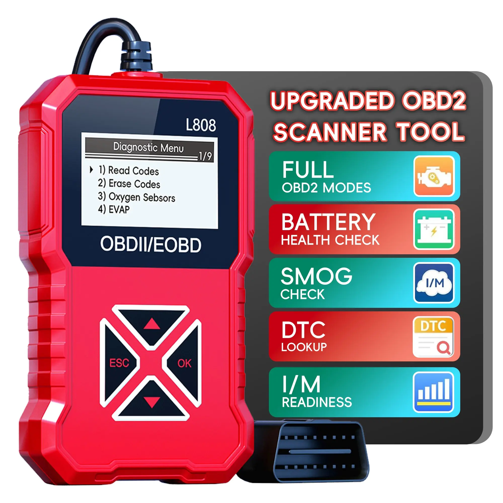OBD2 Scanner Diagnostic Tool, Automotive Car Code Reader with Built in DTC Lookup, Check Engine Light Reader, Live Data, I/M Readiness, Battery Voltage Test, for 1996+ Vehicles