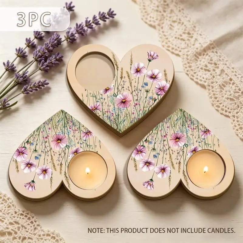 Heart-Shaped Watercolor Wildflower Spiral Lamp Candle Holder, Natural Wood with Nebula Print, Perfect Mother's Day Gift, Romantic Home Decor
