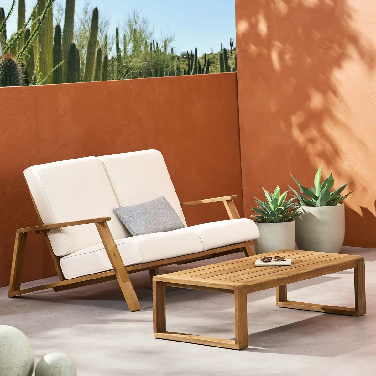 [Bellemave]  2-Piece Acacia Wood Outdoor Patio Set, Loveseat with Weather-Resistant Cushions & Coffee Table for Backyard, Balcony