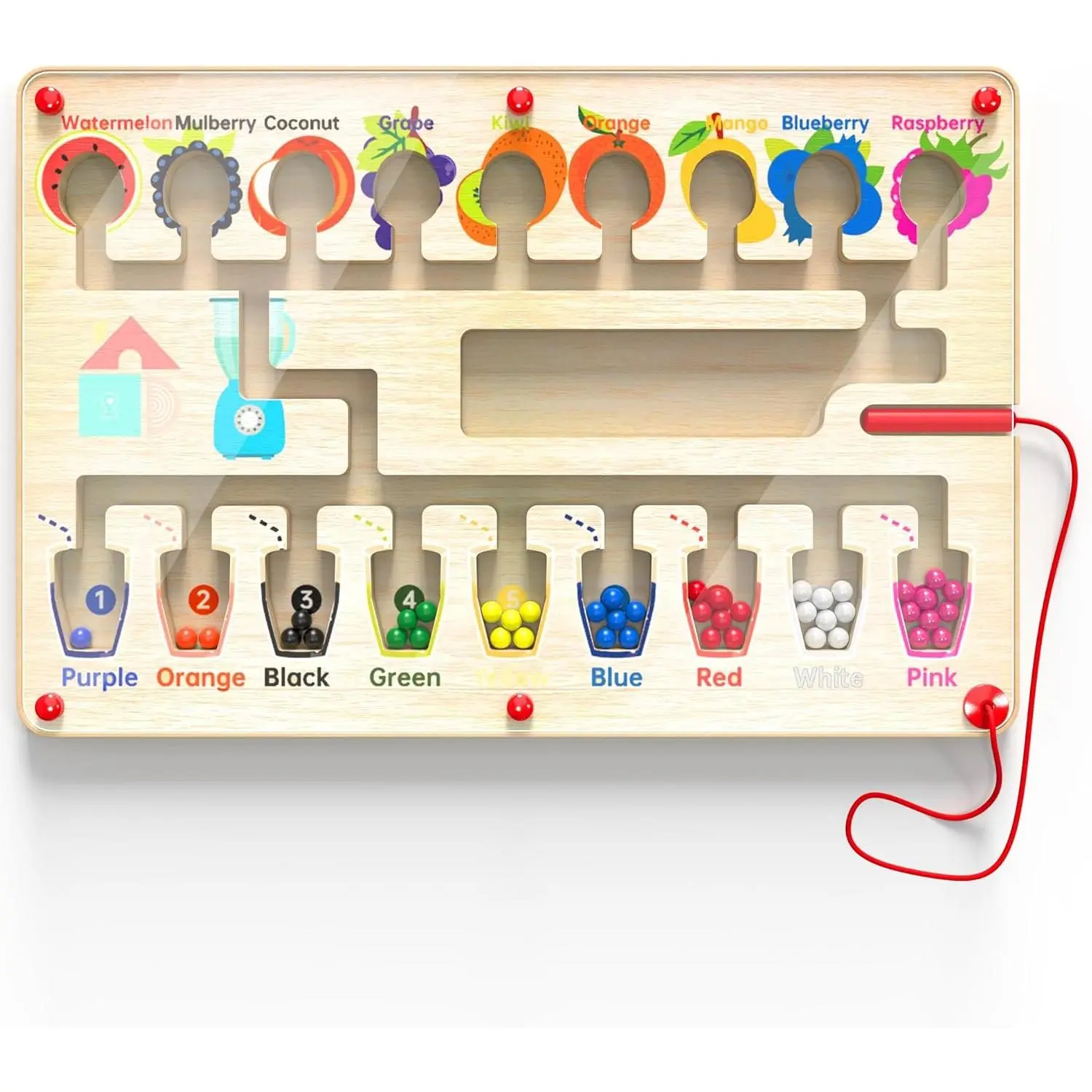 Wooden Magnetic Maze Busy Board for Kids Ages 3-5, Montessori Fruit & Color Recognition Puzzle, Preschool Educational Learning Toy to Develop Fine Motor Skills, Autism-Friendly Sensory Toy for Toddlers