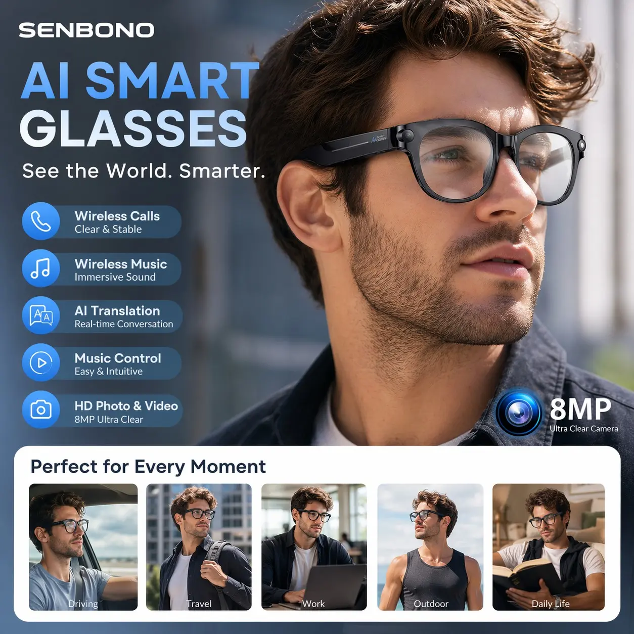 Senbono Smart Glasses with Ai Translation, Music, Calls & 8MP Camera, Futuristic Wearable Tech, Hands-Free Communication, On-The-Go Entertainment