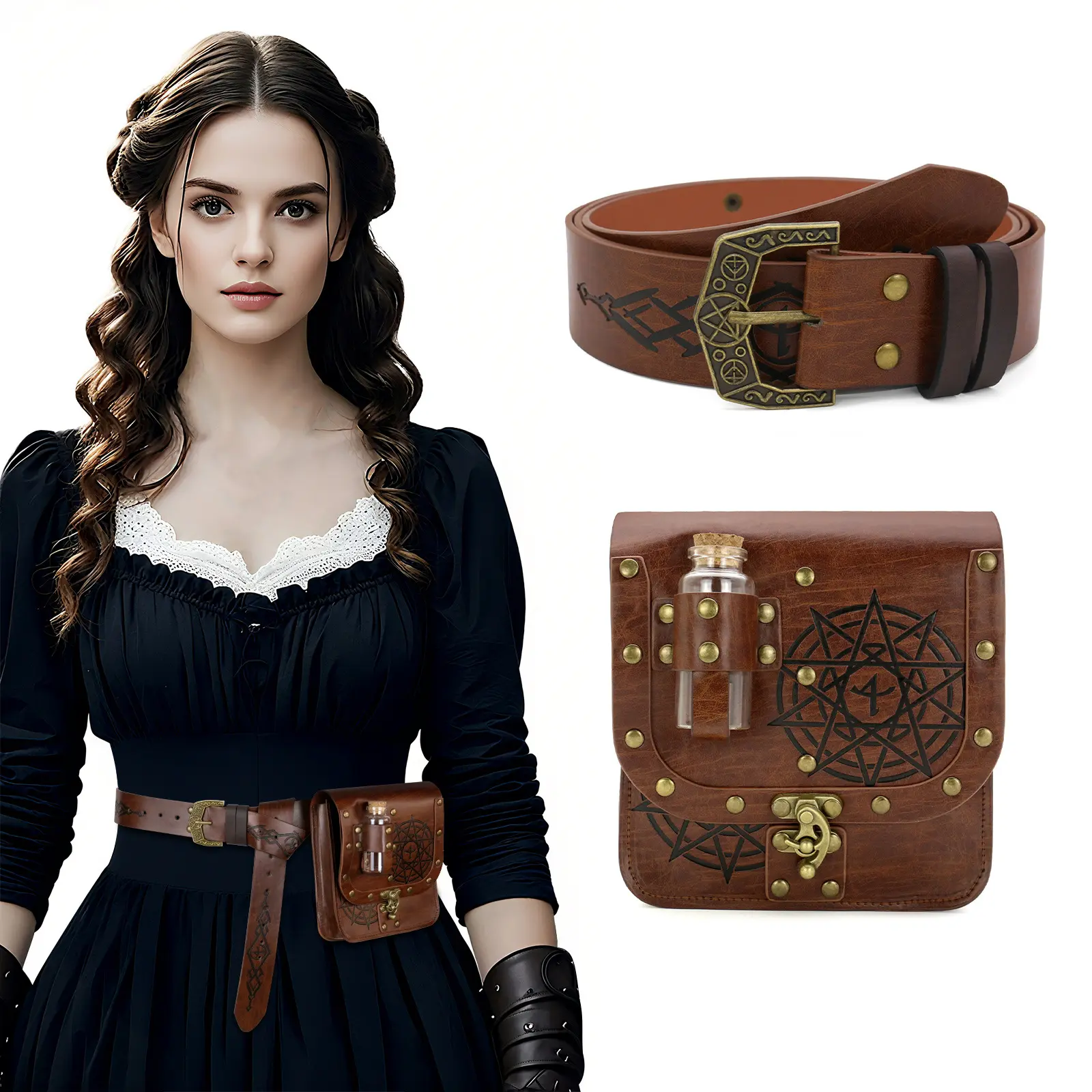 Unisex Adjustable Fit Brown Medieval Steampunk Leather Belt & Waist Pouch Set with Glass Potion Vial, Vintage Renaissance Faire Latch Closure Bag, Magic Circle Embossed Buckle, Alchemist LARP Cosplay Halloween Costume Accessories
