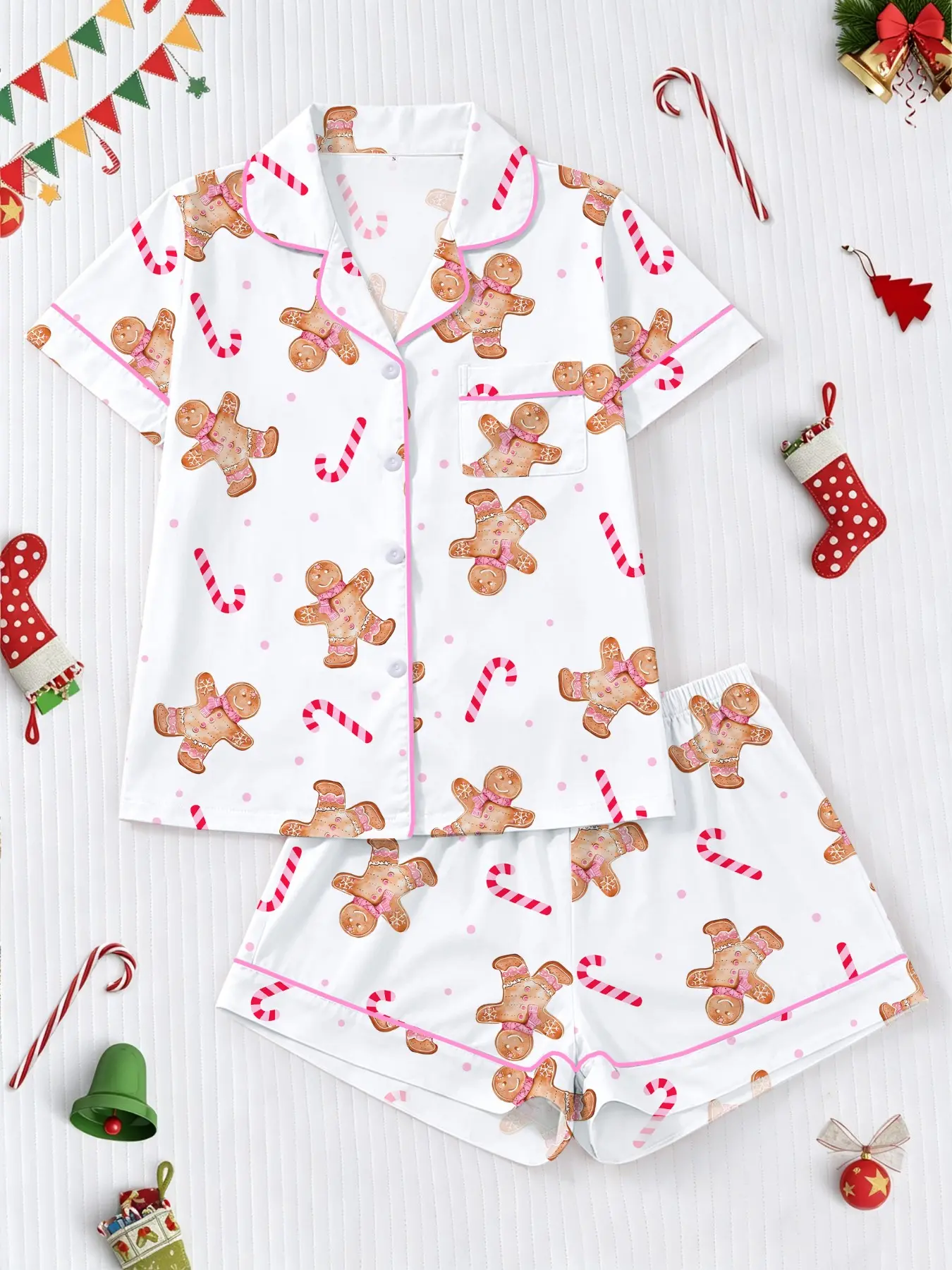 【Christmas】Women's Pajama Set, Gingerbread Man Candy Cane Print, Short Sleeve Button Shirt, Elastic Shorts, Casual Home Wear, Festive Sleepwear