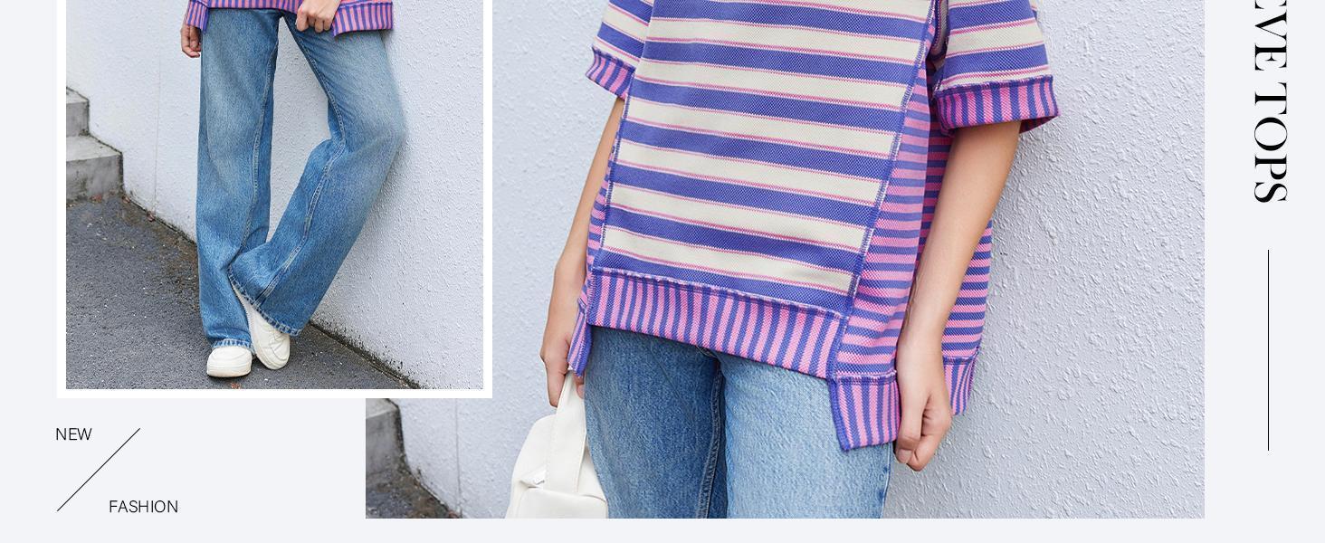 Imily Bela Womens Oversized Striped Shirt Summer Half Sleeve Tops Crew Neck Sweatshirts Casual Blouse