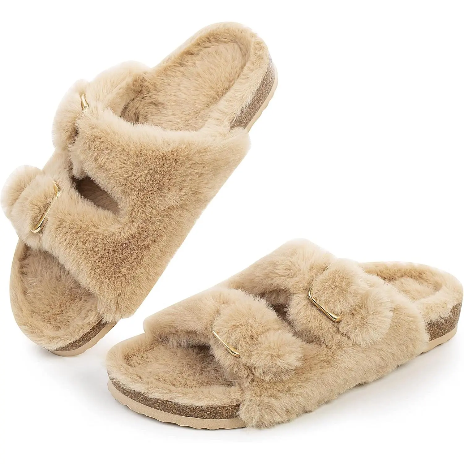 Womens Plush Leopard Brown Suede Open-Toe Fur-Cushioned Cork Slide Sandals, Casual Multi-Size Footwear (Sizes 6-11)