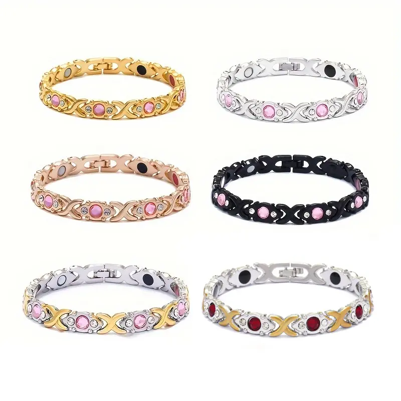 💖Magnetic Therapy Rhinestone Bracelet✨Silver Plated Alloy Pink Crystal Inlaid Adjustable Detachable Energy Health Bracelet For Women Fashion Jewelry Gift
