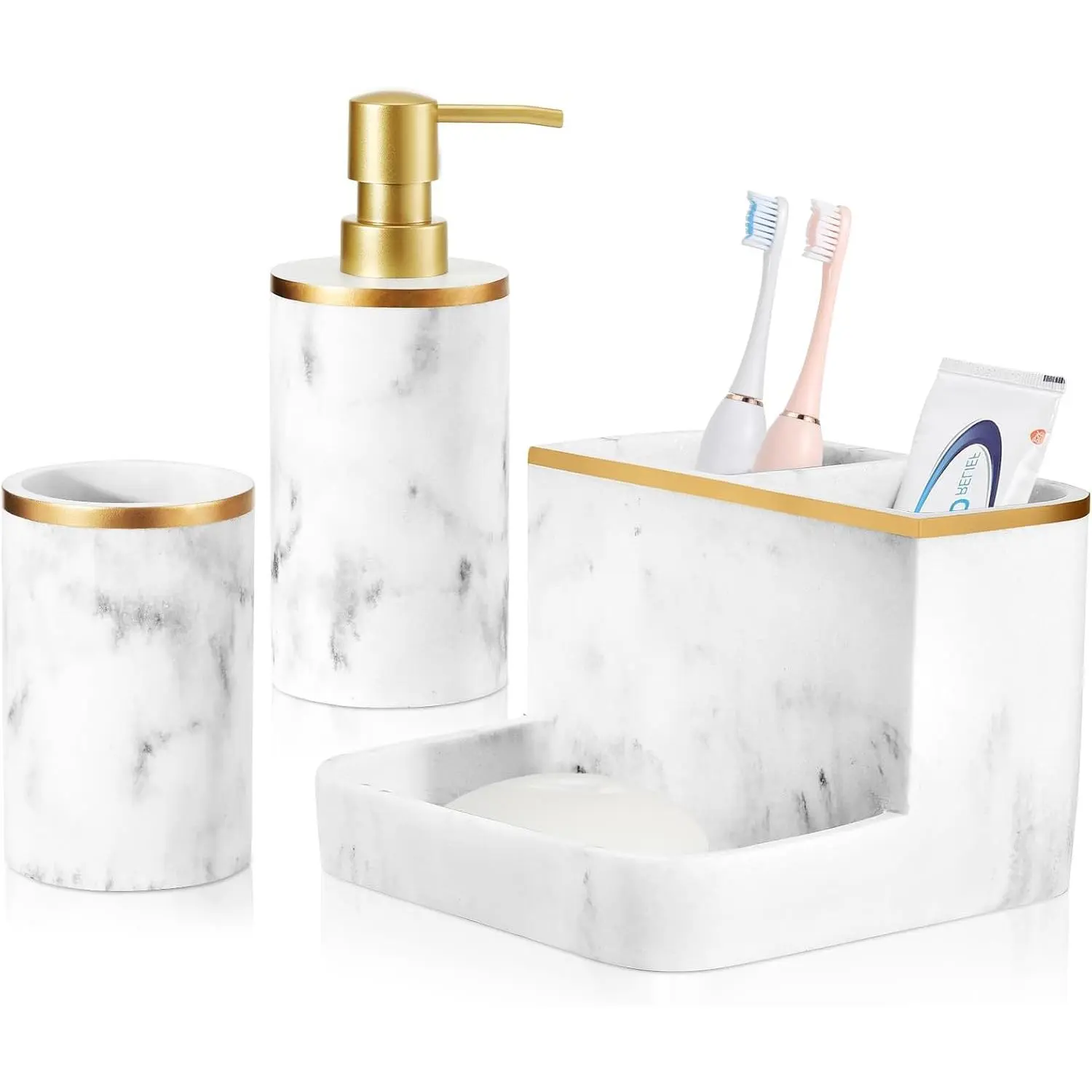 Shinowa Bathroom Accessories Set, Marble Toothbrush Holder Soap Dispenser |   Bathroom Countertop Décor Sets with Lotion Dispenser Soap Pump, Tumbler, Bathroom Organizer Accessories