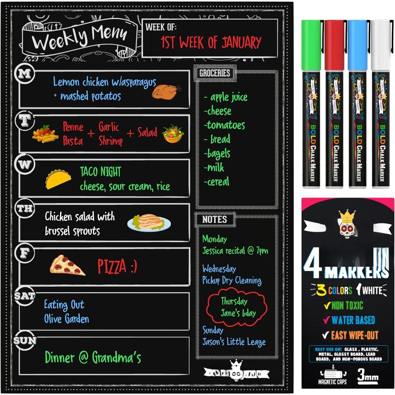 Dry Erase Menu Board - Black - 15.6" x 11.6" |  Weekly Meal Planner & Grocery List for Fridge - Includes 4 Liquid Chalk Markers - Easy to Write & Wipe Clean Design