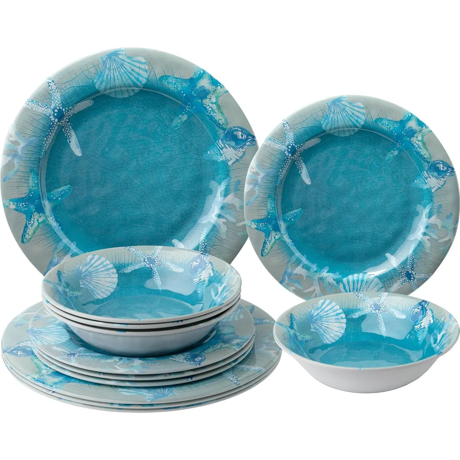 12 count Melamine Dinnerware set, Unbreakable Coastal Plates and Bowls Set, Lightweight Chip Resistant Oceanic Dishes Set, Service for 4,  for Camper, RV, Indoors Outdoors Use