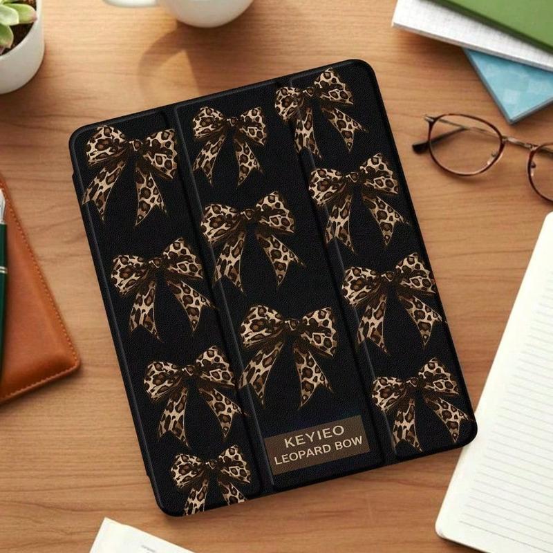 Leopard Print Bow-Tie Trifold iPad Case, Built-in Pencil Slot Auto Sleep/Wake, Anti-Slip Shockproof Durable Flip Stand, Multi-Option, Compatible with iPad 10th/11th Gen/10.2"/Pro 11" 2021/2020 & Galaxy Tab S9 FE+ 12.4", Unisex New Year Gift