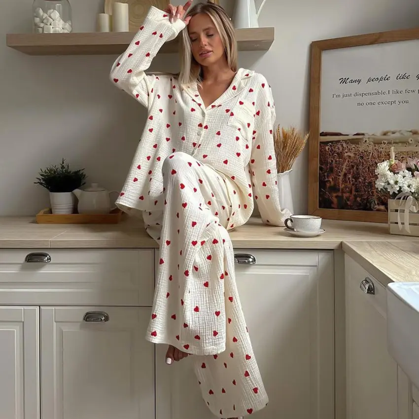 Women's Pajama Set with Romantic Heart Patterns 100% Cotton Loose Fit Long Sleeve Trousers Breathable Comfortable Sleepwear