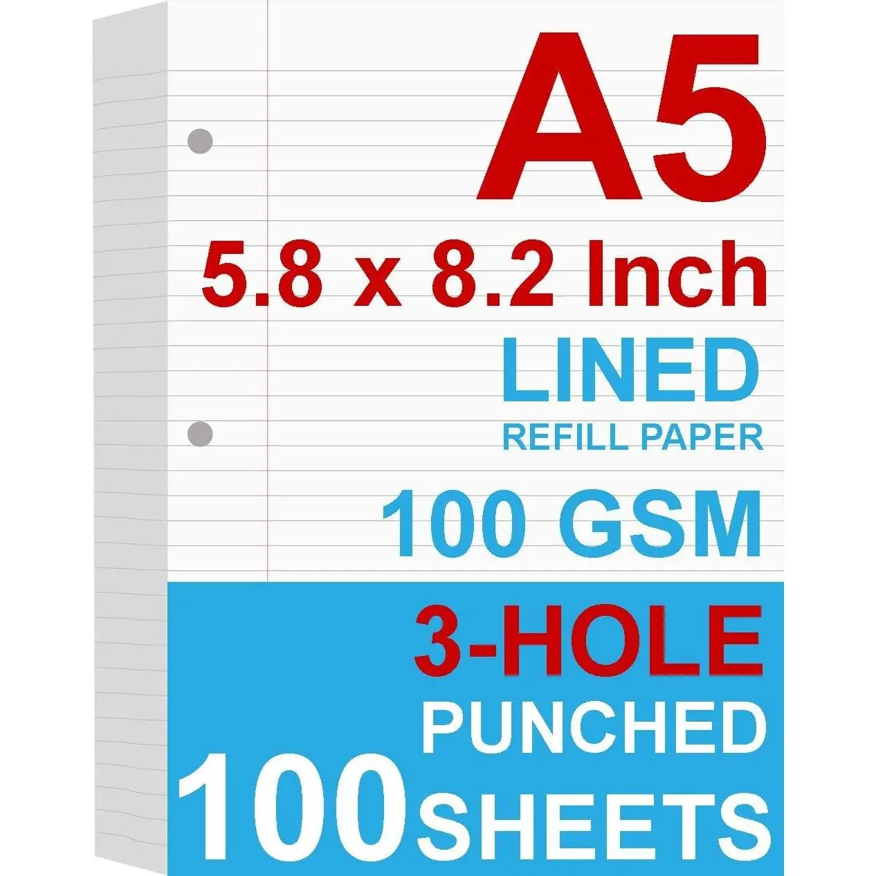 A5 Filler Paper, 3 Hole Planner Refills, Organizer, Loose-leaf Binder Paper, 100 Sheets/200 Pages, Lined, 100gsm, White, 5.8 x 8.2 Inch, 3 Hole Filler Paper, Mini Binder Refill Inserts