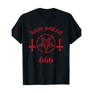 Men'S Black Satanic Pentagram Graphic T-Shirt -   Short Sleeve Crew Neck Casual Fit Tee with Bold WAIL SATAN 666 Red Cross Design, Lightweight Breathable Fabric for Casual Attire & All-Season Wear, Allseason Apparel |   Bold Graphic Tee |   Dura