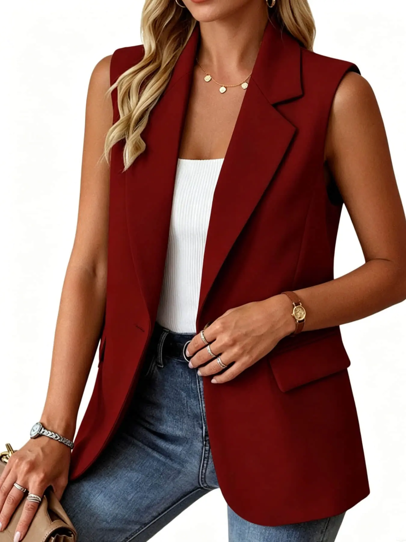 A women's fashionable and high-end commuting vest vest with a sleeveless lapel and single button design, suitable for summer, workplace, business, dining, and city strolling.