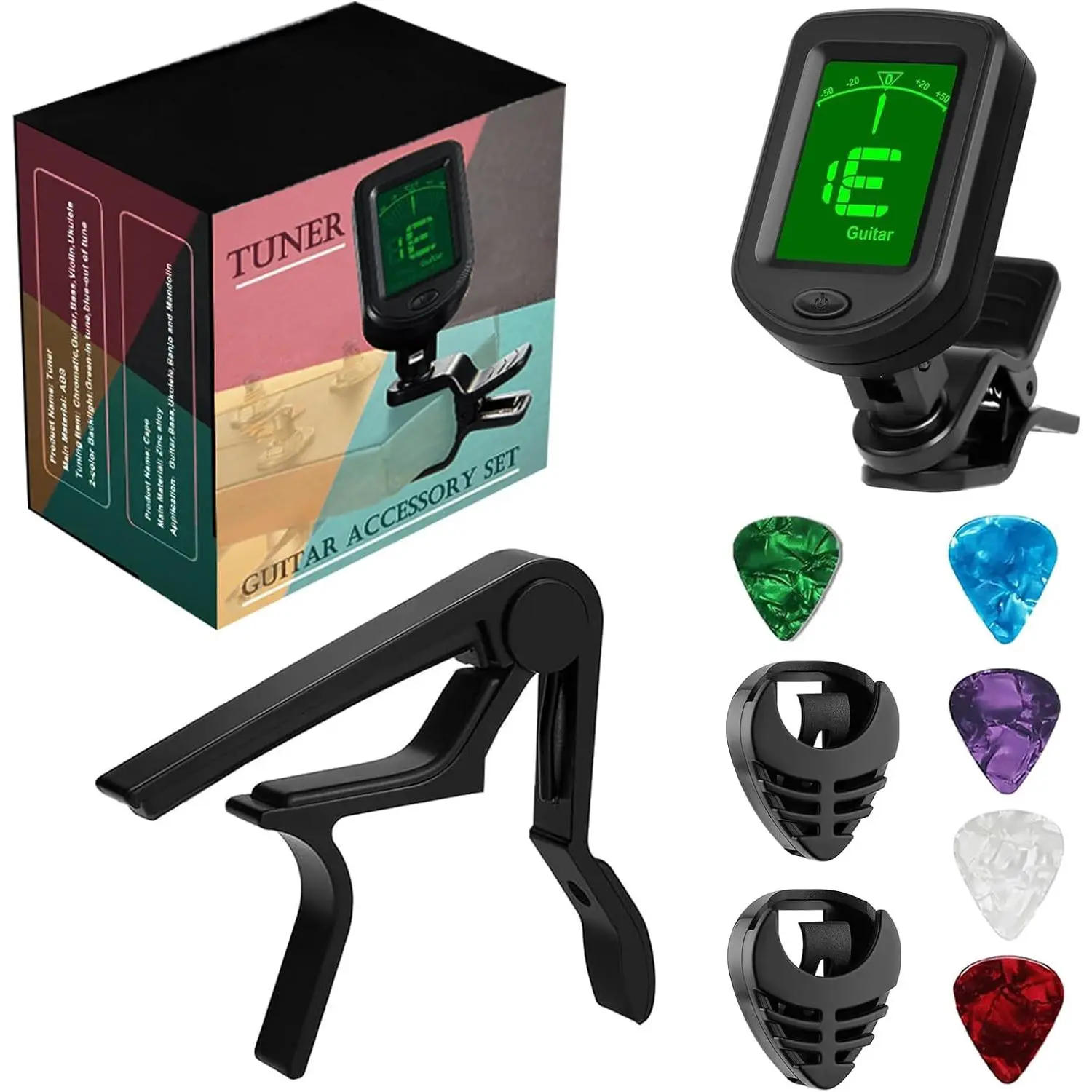 Guitar Tuner and Capo Kit with 2 Adhesive Pick Holders - Clip- Tuner, Quick-Change Capo, 5 Picks for Acoustic/Electric Guitar, Bass, Violin, Ukulele (9 Pieces)