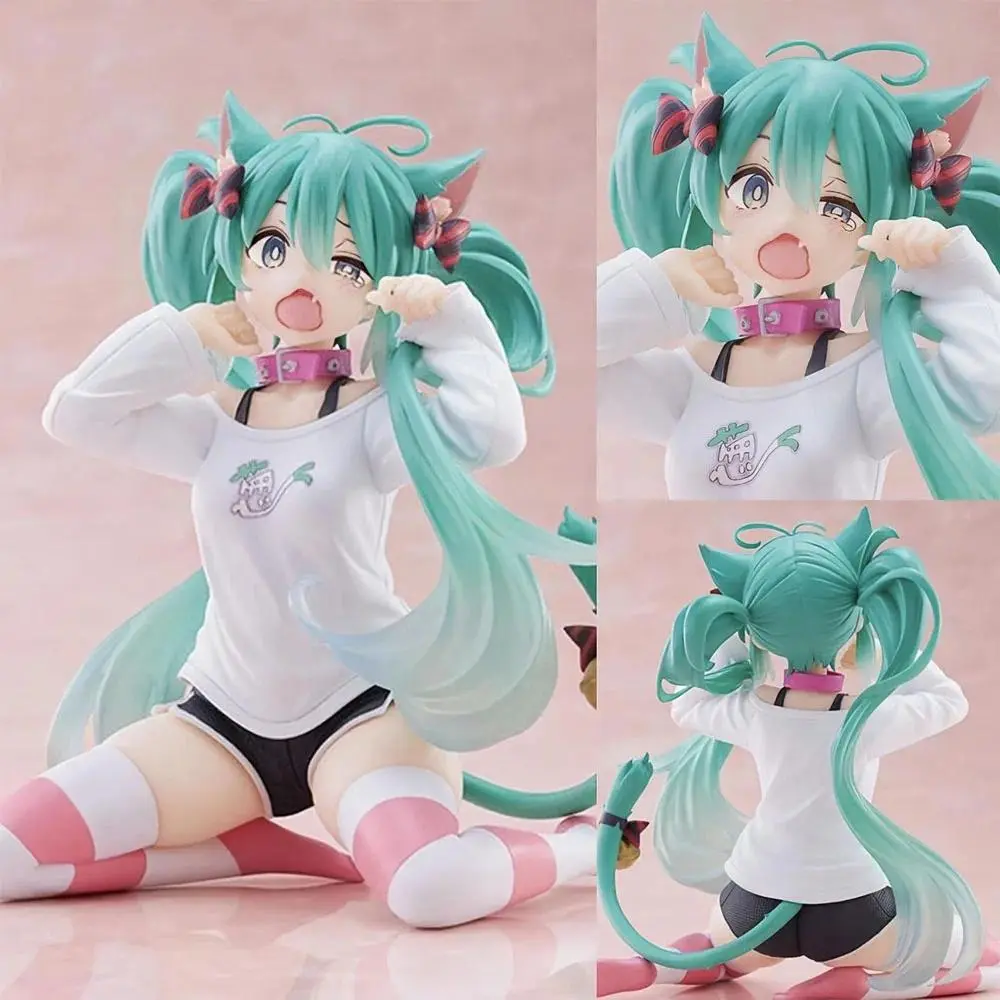 Hatsune Miku Model Anime Girl Figures Cat Ear Sitting Posture Short Sleeved Pajamas Figurines Car Decoration Doll Kids Toys Gift