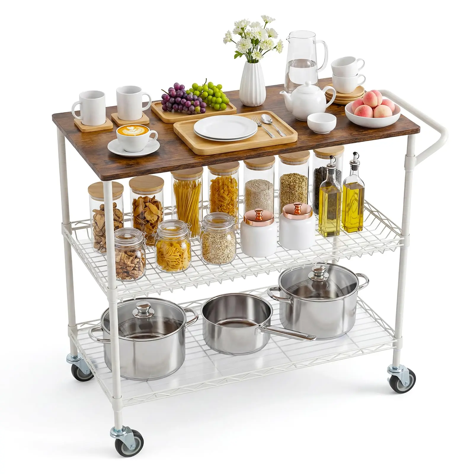 35" Rolling Kitchen Cart on Wheels, 550Lbs Capacity 3 Tier  Utility Cart with Wood Tabletop & 10 Hooks, Kitchen Storage Cart, Metal Serving Cart for Kitchen, Dining Room & Restaurant
