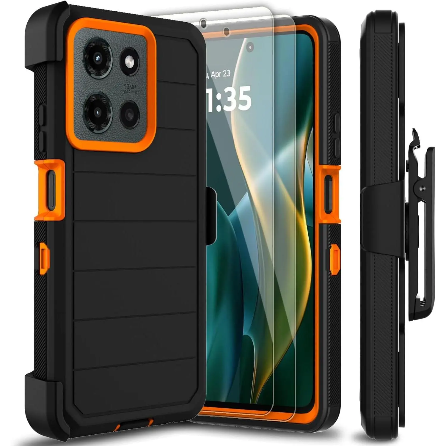 Motorola Moto G 2025/2026 & Moto G Play 2026 Smartphone Cover - Holster Series Shockproof Shell with Kickstand, Belt Clip, 2-Pack Tempered Glass Screen Protector (Black/Orange) for Outdoor Sports Cellphone Accessories