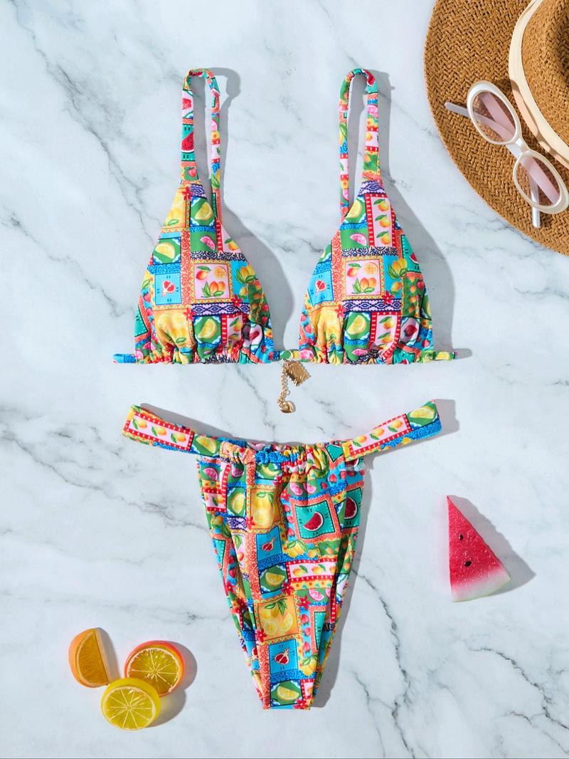 Women's Floral Bikini Set, Sexy Triangle Two-Piece Swimsuit, Sleeveless Party Style, All-Season Wear, Tie Back Design