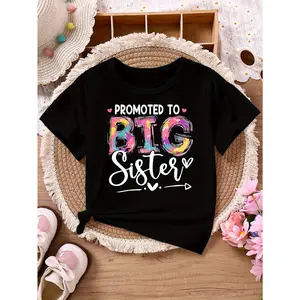 Girls' 10-11 Years Crew Neck Short Sleeve Graphic T-Shirt - 100% Polyester Knitted Fabric, Comfortable Breathable, Outdoor Sports Suitable, Sister Letter Print, Fashionable Versatile Kids' Clothing Gift