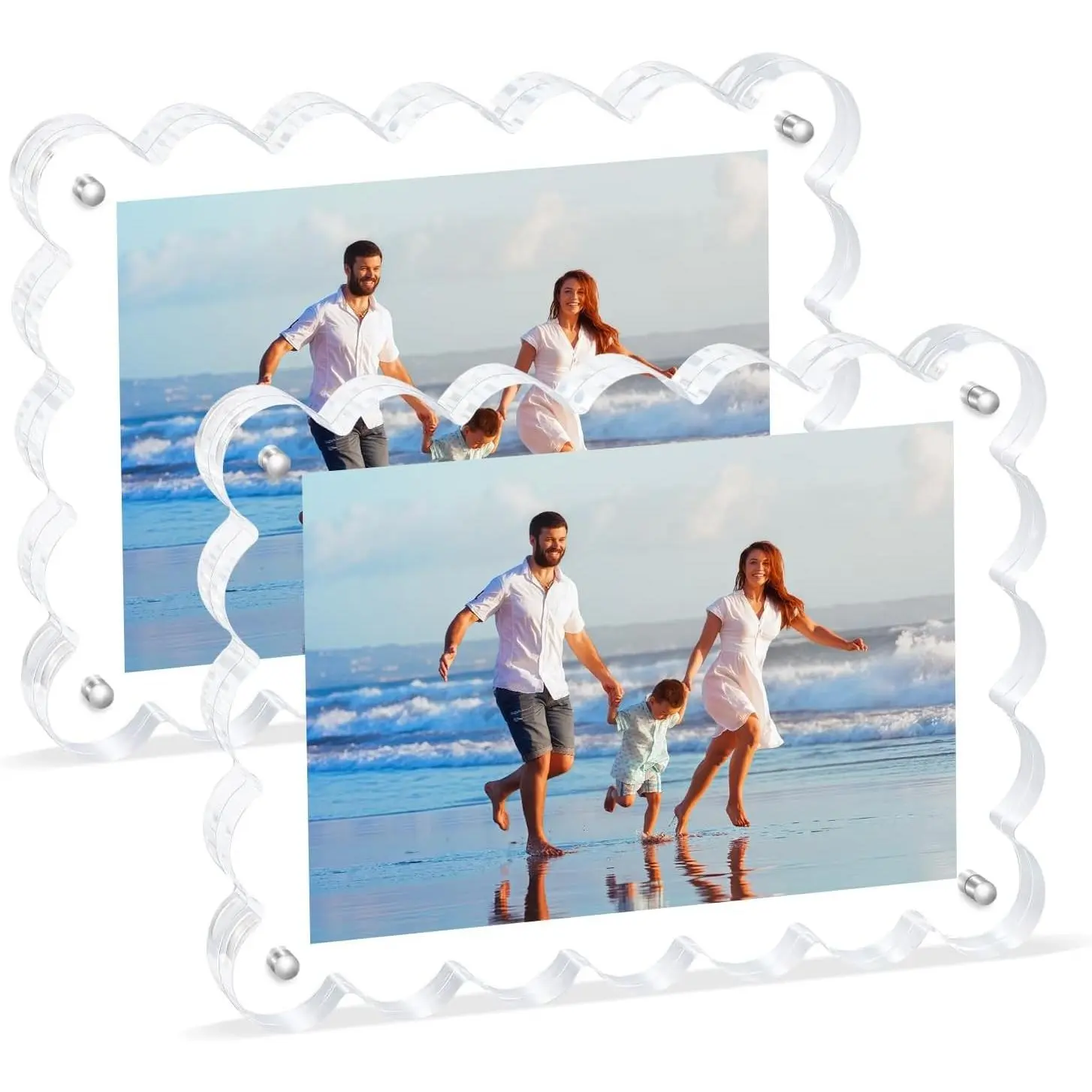 Scalloped Magnetic Picture Frame 4x6 Inch - 2Pack Clear Acrylic Photo Frame, 20mm Thick Double-Sided Magnet Design, Trendy Desktop Display for Home/Office Decor (2 Pack, 4X6)