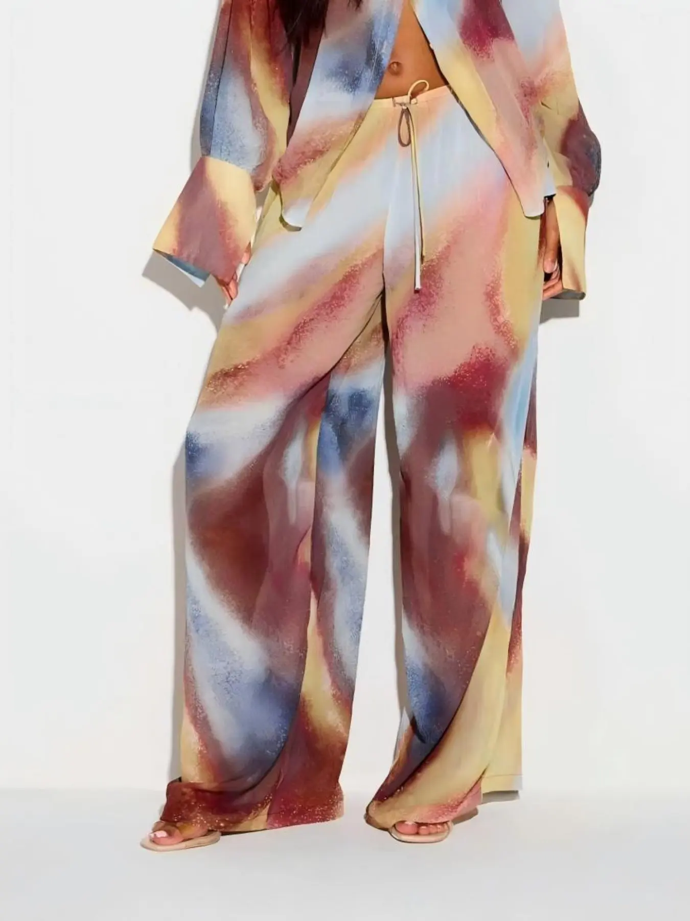 Vintage Swirl Gradient Print Wide Leg Pants for Women, Drawstring Elastic Waist, Chiffon Palazzo Long Pants, Y2K Beach Vacation Casual Loose Fit