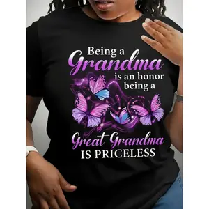 180g"Being a Grandma, Being a Great Grandma is Priceless" T-Shirt - Purple & Pink Butterfly Print Grandma Gift, 95% 5% Elastane Stretch Fit Short Sleeve Crew Neck Casual Top for Grandfathers & Grandparents Day