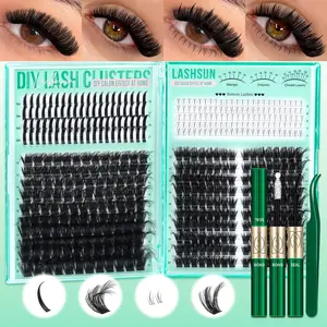 422Pcs 4 Styles D Curl Eyelash Cluster Kit, Diy Volume Eyelashes, Bottom/Spiky/150D/Cat 100D 3D Multi-layered Volume 5-21mm Volume Eyelash Glue Extension Kit with Lash Bond and Seal Tweezers DIY at Home Easily