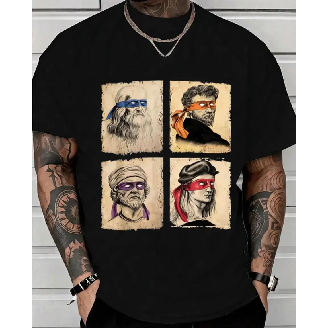 Graphic Tee Mens Casual Short Sleeve T Shirt Featuring Humorous Italian Artists and Teenage Mutant Ninja Turtles Artwork Regular Fit Round Neck Tee for Art Enthusiasts and Ninja Turtle Fans Oversized Casual Men's Letter Pattern Printed T-Shirt Streetwear