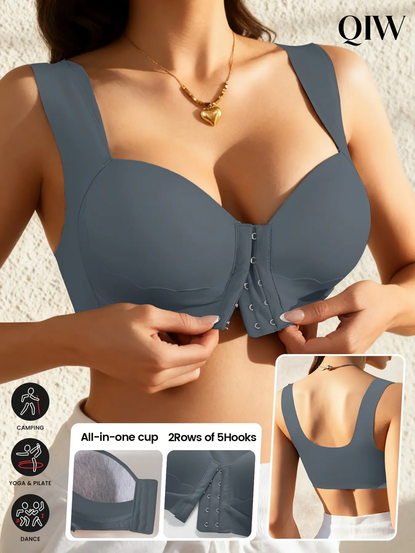 Women's Plain Front Buckle Bra, One-Piece Wide Strap, Shell Pattern Decoration, Non-Removable Pads, No Steel Ring, No Underwire, 4 Colors, All Seasons