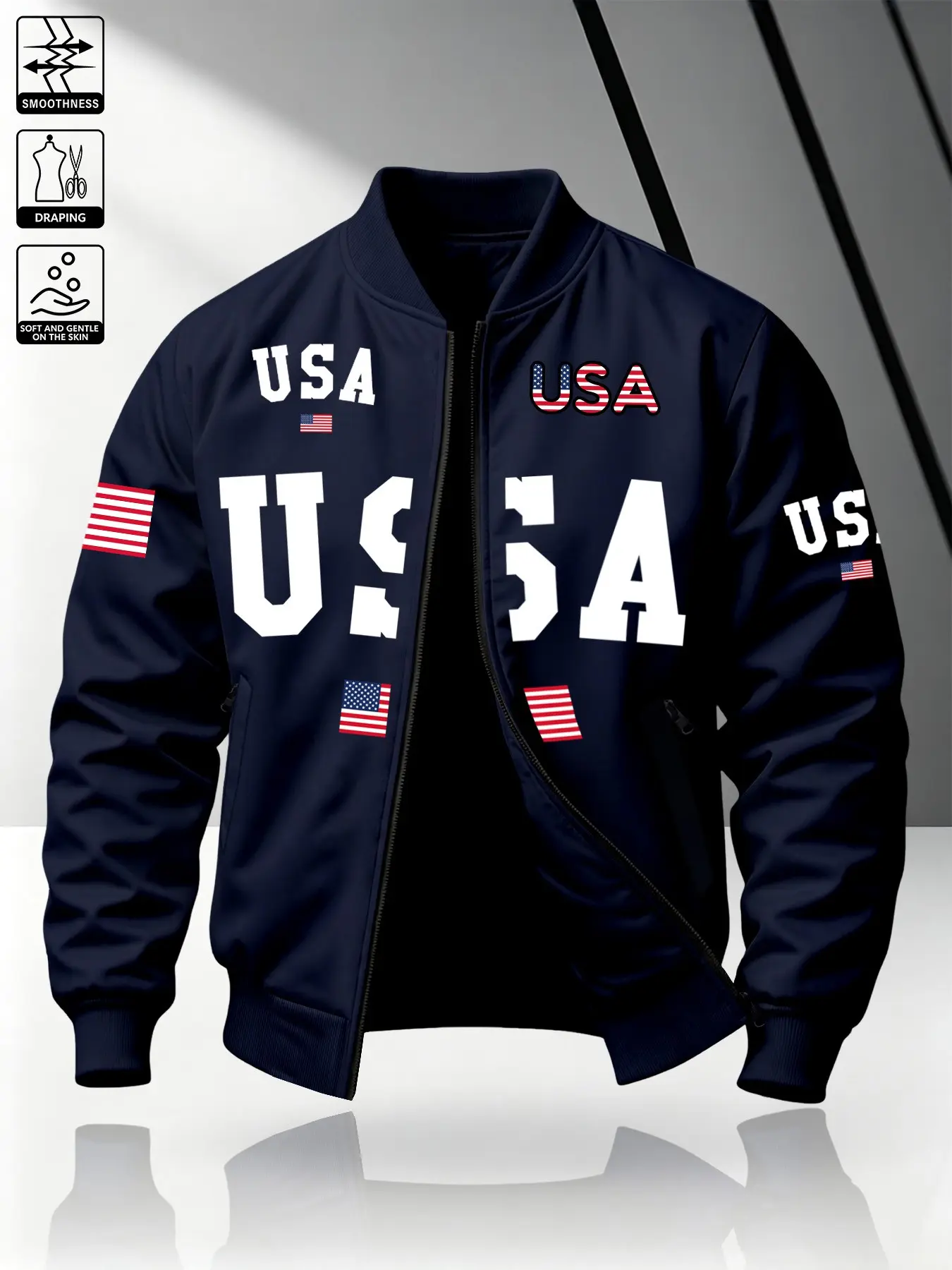 Trendy American Flag Print Men's Baseball Flight Jacket, Usa Loose Baseball Collar Outerwear, Street Fashion Essential, Casual Long Sleeve Top, Collared Zipper Jacket