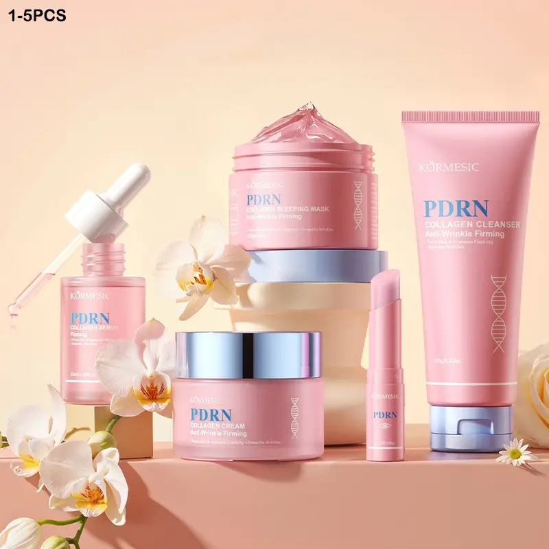 PDRN Pink Collagen Skincare Set, Moisture Glow Bundle, hyaluronic acid, centella asiatica, includes facial cleanser, essence, mask, cream, eye cream stick, moisturizing brightening, reduces fine lines, smoothes skin, suitable for all skin types