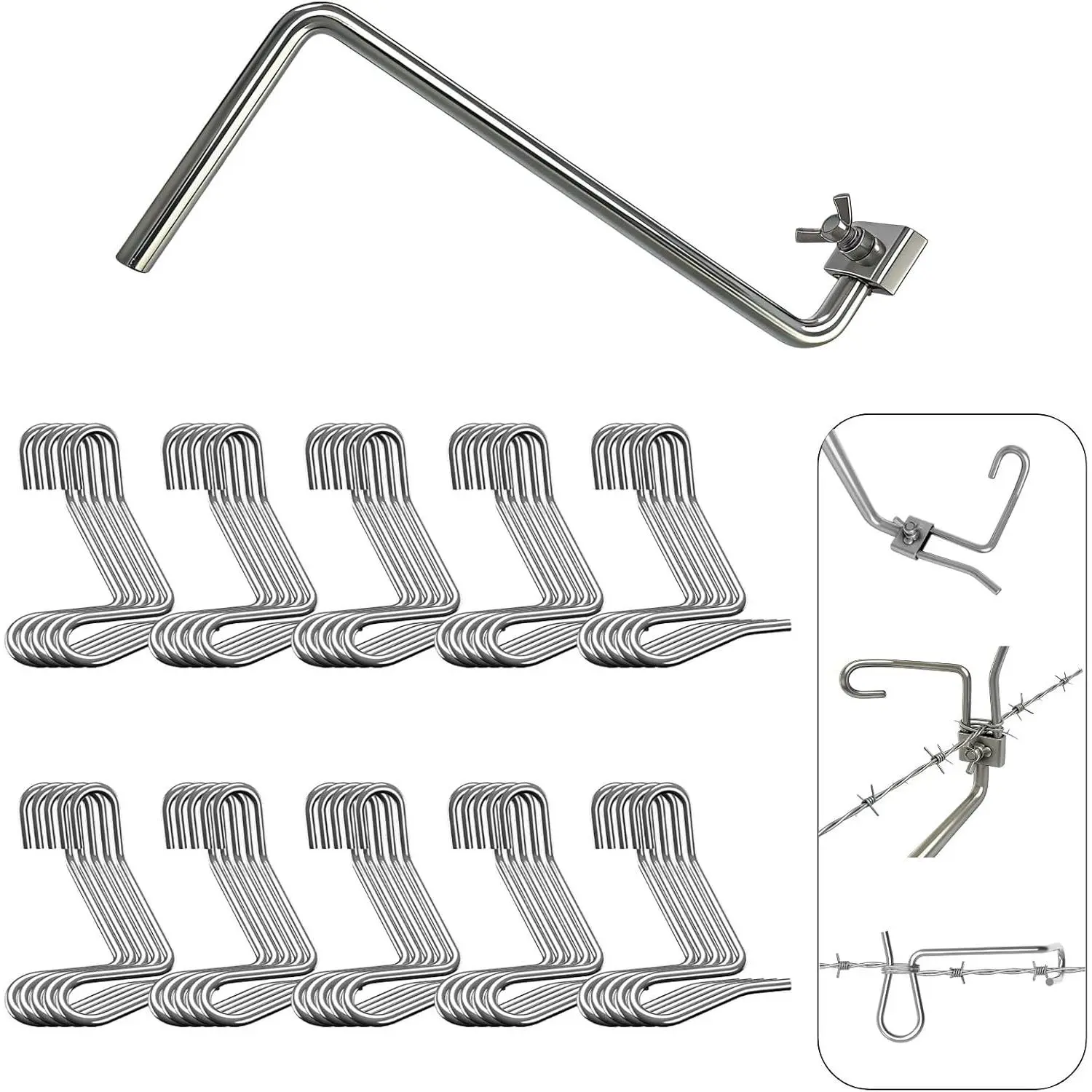 Fence Stretcher Tool Kit - 50-Pack 1/4" Wire Tightener Clips + Heavy-Duty Handle for Barbed Wire, Chain Link & Farm Fencing - Rust-Resistant Tensioner for Ranch, Garden, Pasture