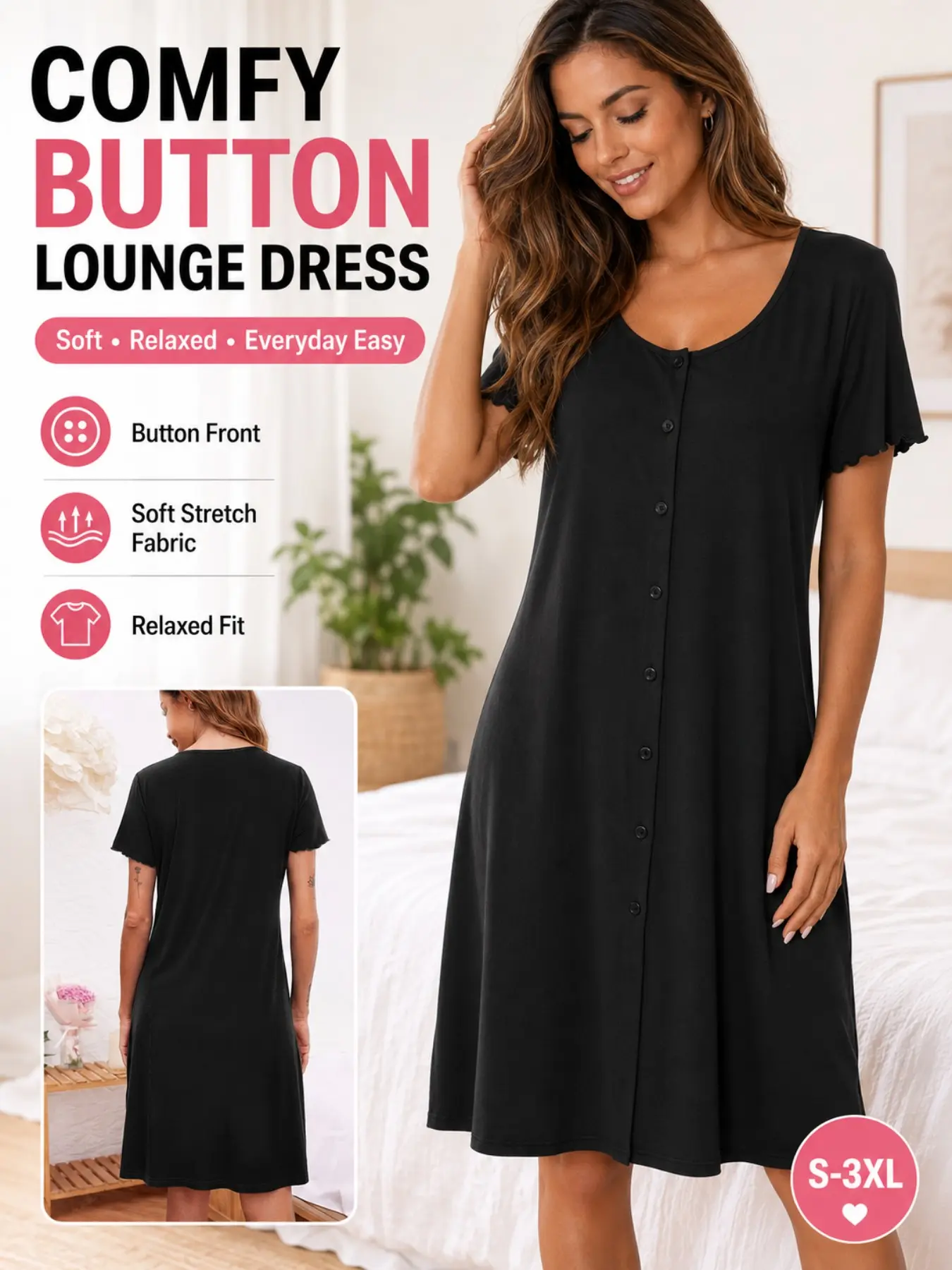 Women's Soft Button Home Dress, Comfortable Stretchy Fabric Casual Sleepwear Loungewear, Elegant Daily Slim Fit Loose Dress, Perfect for Relaxing at Home