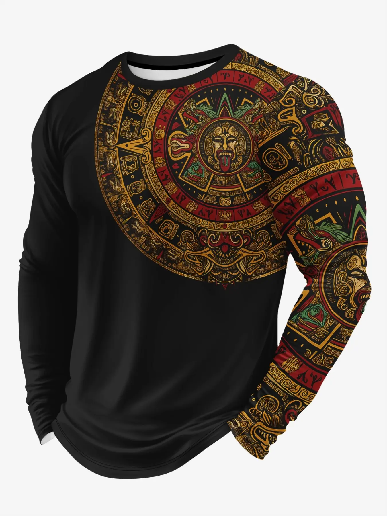 Men Vintage Tribal Aztec Calendar Sun Face Graphic Long Sleeve Crew Neck Top Ethnic Streetwear Casual Daily Male Shirts