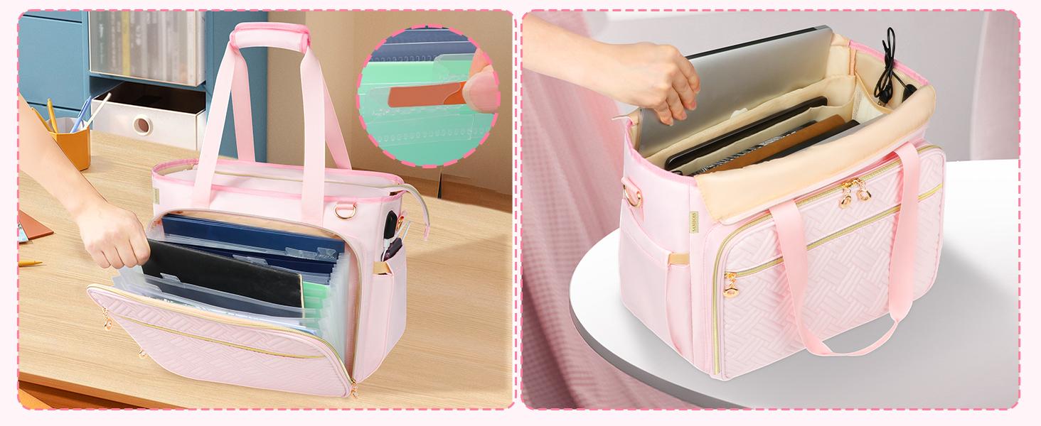 Teacher Tote Bag with Accordion File Organizer Pocket, Soft Nylon Utility Bag with 15.6 inch Laptop Compartment & USB Port, Large Work Tote Bag for Office Supplies Women (Pink)