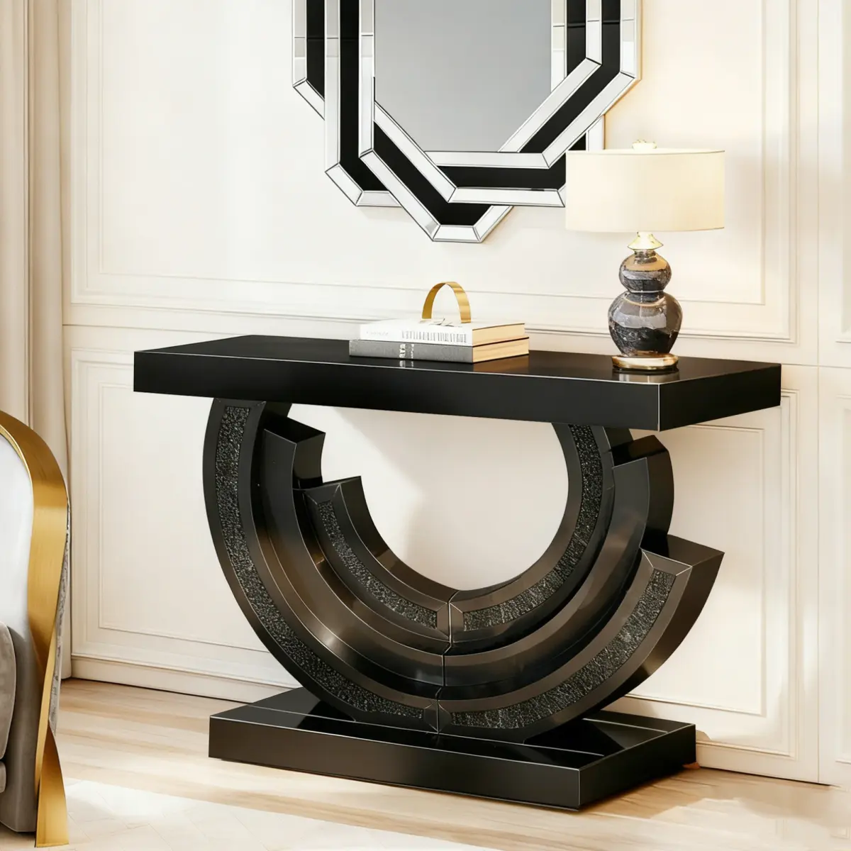 Modern Luxury Console Table - 42.9"x11.8" Curved Black Tempered Glass Top, Half-Moon Mirrored Base, Hand-Polished Diamond Inlay Decor, Glam Entryway-Sofa Table for Living Room