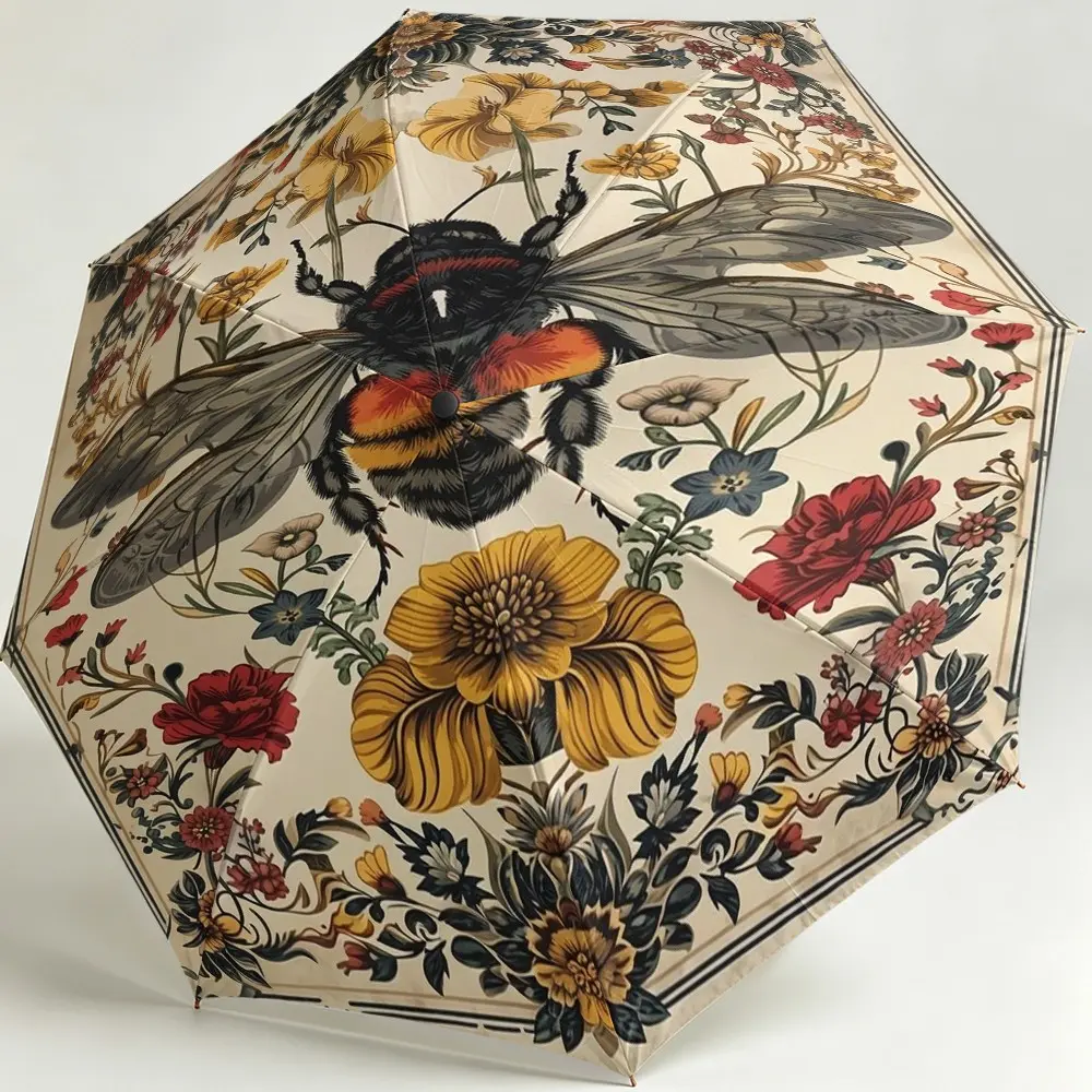 Vintage Bee Floral Umbrella, Handheld Folding Umbrella, 8-Rib Durable Design, Outdoor Accessory, Christmas/birthday Gift, Car Umbrella