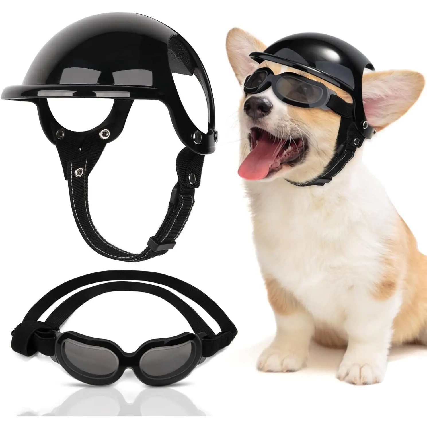 Dog Helmet and Goggles - UV Protection Doggy Sunglasses Dog Glasses Pet Motorcycle Helmet Hat with Ear Holes Adjustable Belt Safety Hat for Small Medium Large Dogs Puppy Riding (Black, S)