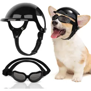Dog Helmet and Goggles - UV Protection Doggy Sunglasses Dog Glasses Pet Motorcycle Helmet Hat with Ear Holes Adjustable Belt Safety Hat for Small Medium Large Dogs Puppy Riding (Black, S)