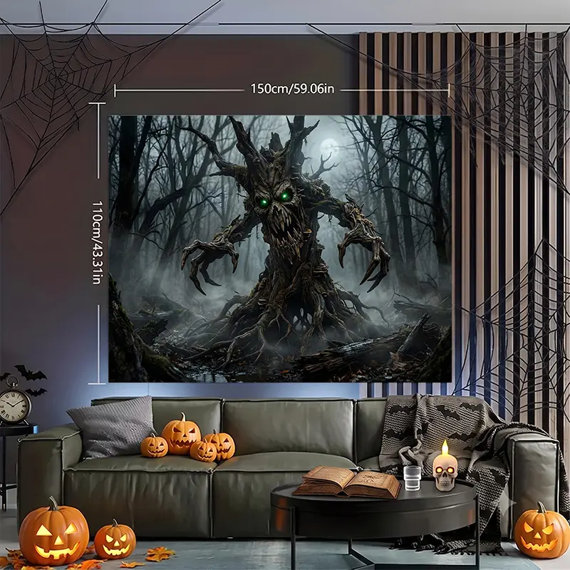 Spooky Tree Monster with Glowing Green Eyes Halloween Backdrop, Photography Background, Party Backdrop, Photo Booth Background, Studio Backdrop, Video Background, Haunted House Backdrop, perfect for live stream backdrops, party decorations, window display