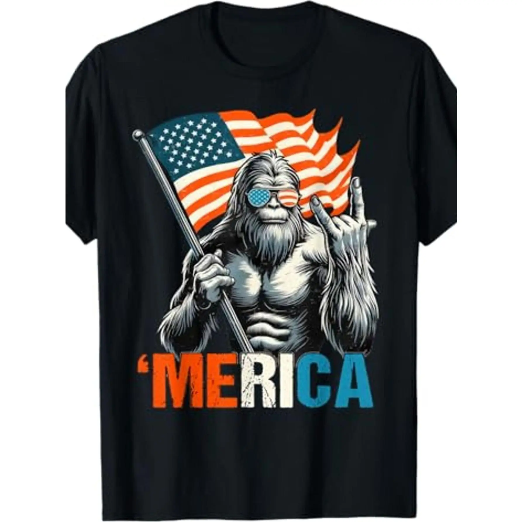 Bigfoot American Flag Sunglasses Merica Slogan Pure Cotton Crew Neck T-Shirt, Patriotic Funny Casual Short Sleeve Top