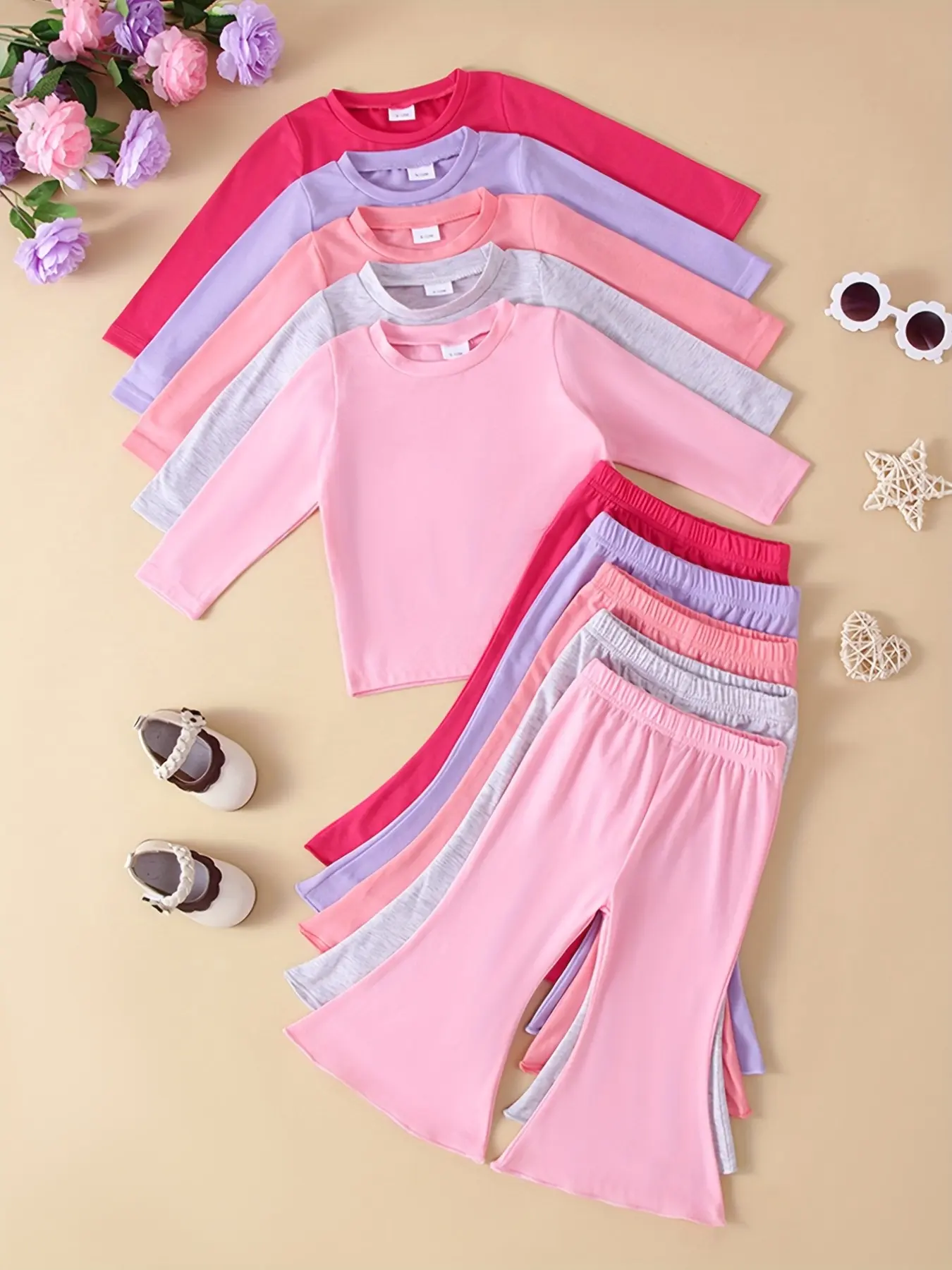 Girls' 10-Piece Set, Solid Color Soft Knit Long Sleeve T-Shirt and Bell Bottoms, Casual Fall & Winter, Tiktok Shop Discount