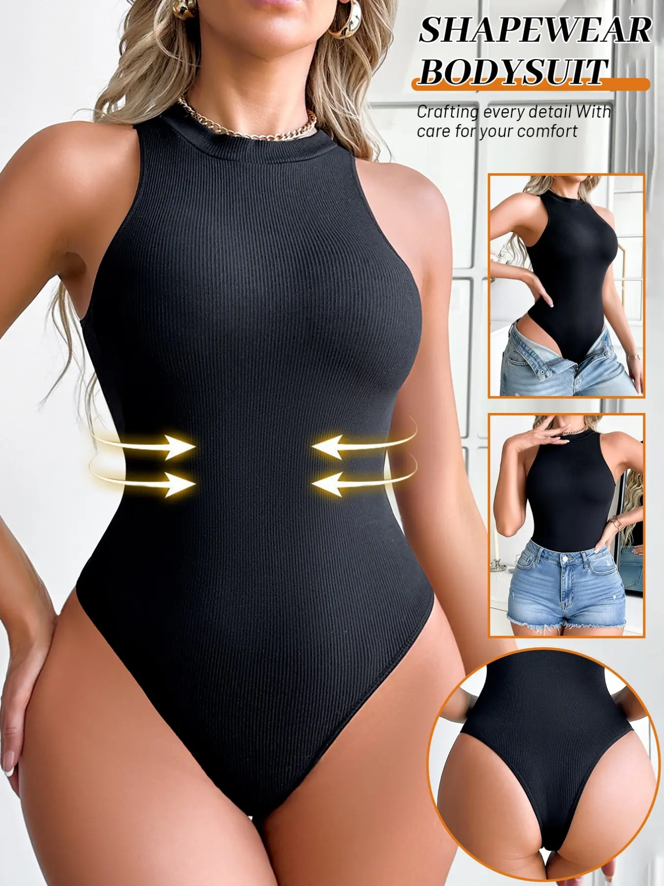 Must Have Black Ribbed Underwear Shapewear Bodysuit, Mock Neck Sleeveless Tummy Control Body Shaper, Wardrobe Essential Slim Fit Bodysuit for All-day Comfort Daily Wear