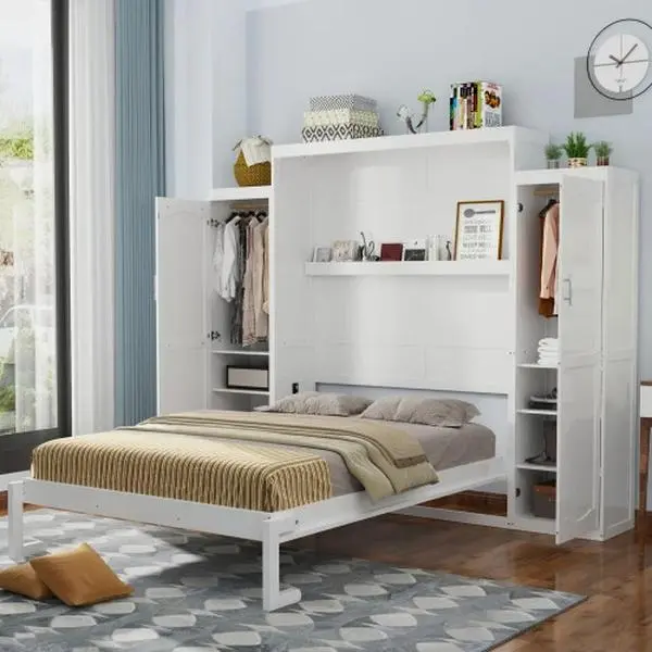 Queen-Full Solid Pine Wood Murphy Bed with 2 Wardrobe Shelves, 88.77x110.39x88.42 in Foldable Space-Saving Platform, Sturdy Comfortable Bed Frame, Eco-Friendly Durable, No Fire Safety Label, Assembly Required for Guest Room