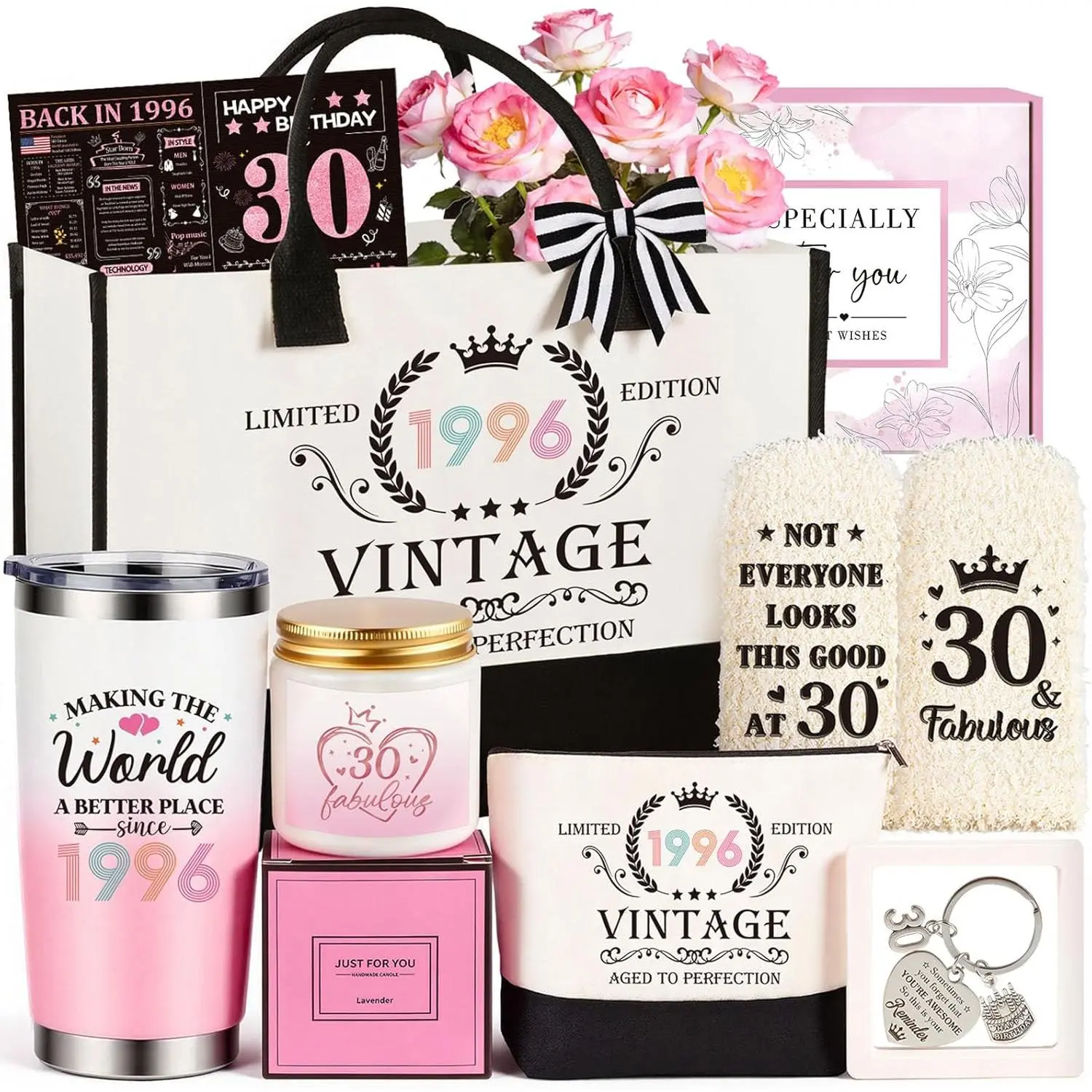 Birthday Gifts for Women, Vintage 1996 Happy 30th Birthday Gifts Basket for Women Unique Gift Ideas for 30 Year Old Female, Wife, Girlfriend, Sister, Friend, Funny Bthday Gift Turning 30 Year Old